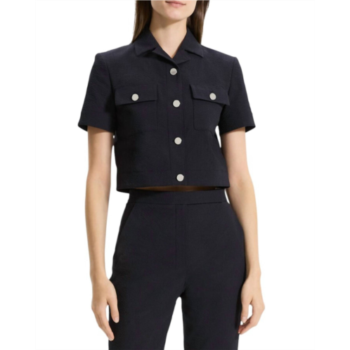 Theory seersucker cropped short sleeve jacket in navy