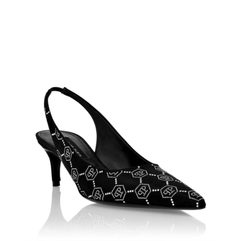 PHILIPP PLEIN satin slingback low heels strass monogram