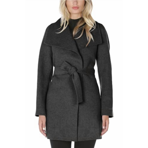 ELIE TAHARI wool wrap coat with tie belt in deep charcoal