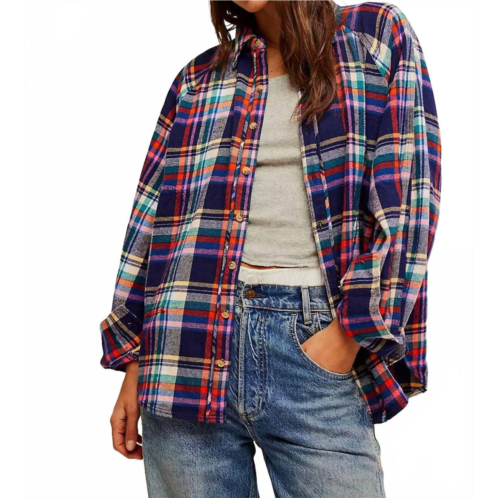 Free People girl meets boy plaid shirt in combo marine