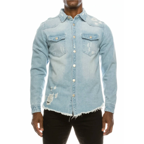 Victorious long sleeve button up distressed denim jacket in indigo
