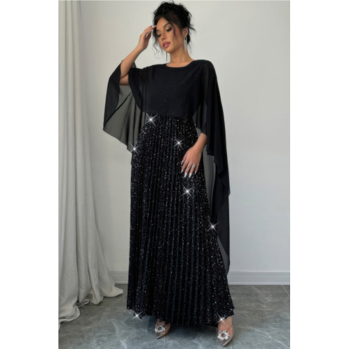 TRUEDAMES elegant sequin satin knit pleated long dress