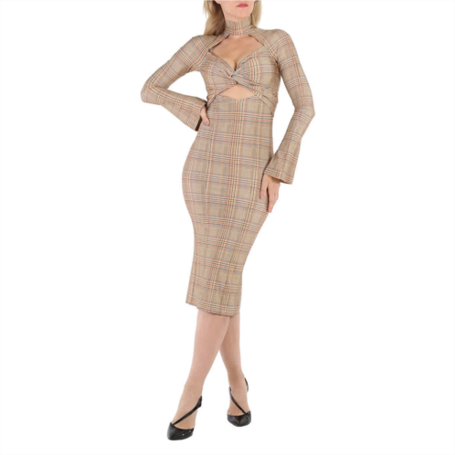Burberry ladies dark honey cut-out checked midi dress