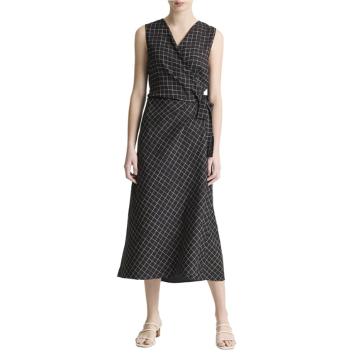 Vince trellis plaid sleeveless drape wrap dress