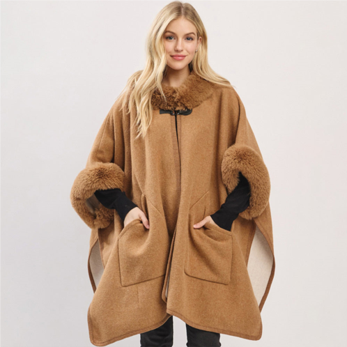 TRUEDAMES faux fur trim toggle clasp front cape wrap poncho