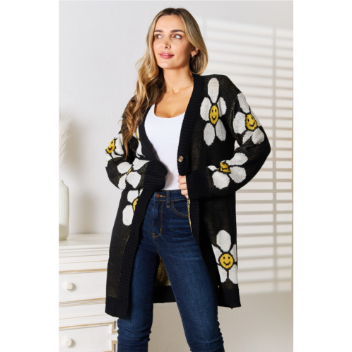 TRUEDAMES floral button down longline cardigan