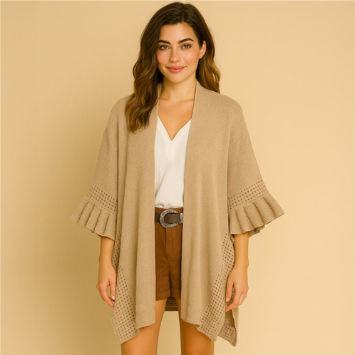 TRUEDAMES solid knit open front punched ruffle sleeves kimono poncho