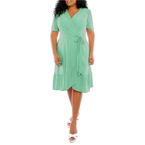 LONDON TIMES short sleeve faux wrap midi dress in absinthe green