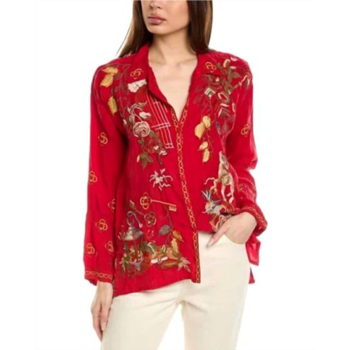 Johnny Was audrey oversized embroidered blouse in equestrian red