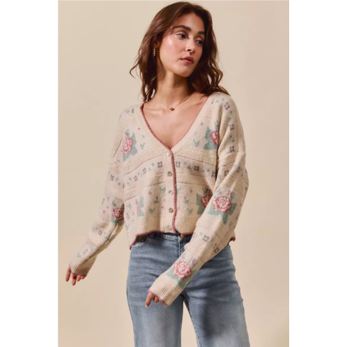 TRUEDAMES floral pattern long sleeve button sweater cardigan