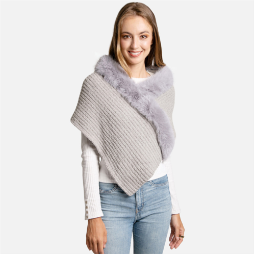 TRUEDAMES faux fur trim solid knitted rib shawl wrap