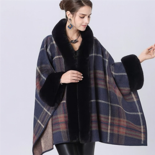 TRUEDAMES faux fur trim plaid check cape coat poncho
