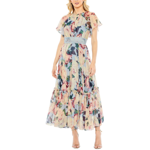 Mac Duggal high neck flutter sleeve ruffle hem dress