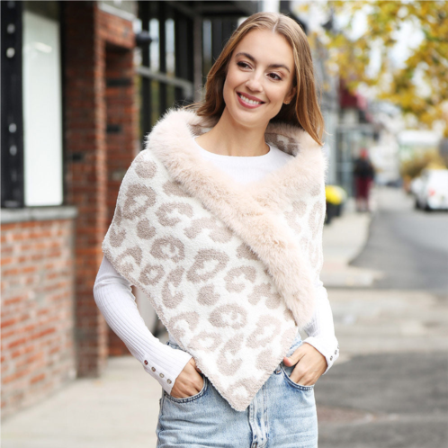 TRUEDAMES faux fur trim leopard pattern shawl wrap