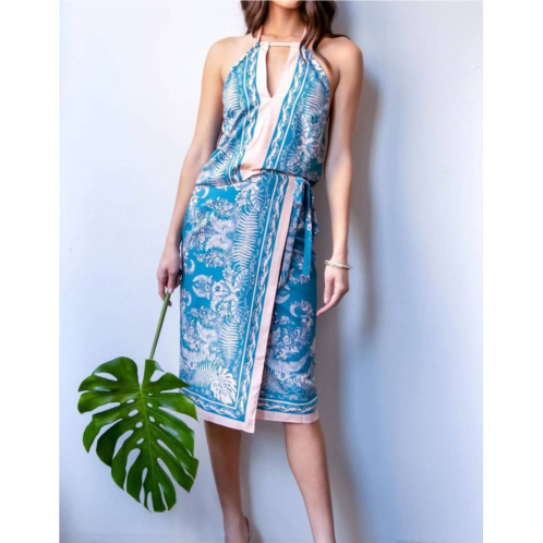 EVA FRANCO botanical skirt set in teal/pink