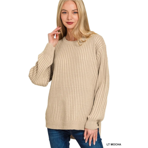 TRUEDAMES curved hem two-tone ribbed sweater