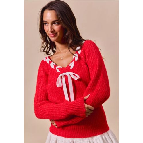 TRUEDAMES satin tape braided ribbon tie v neck sweater