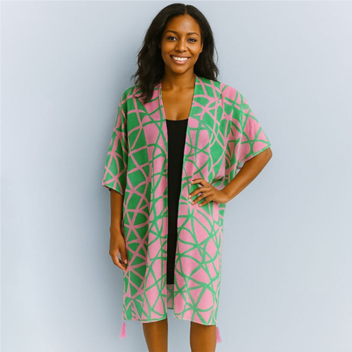 TRUEDAMES bold geometric pattern tassel detail open front kimono poncho