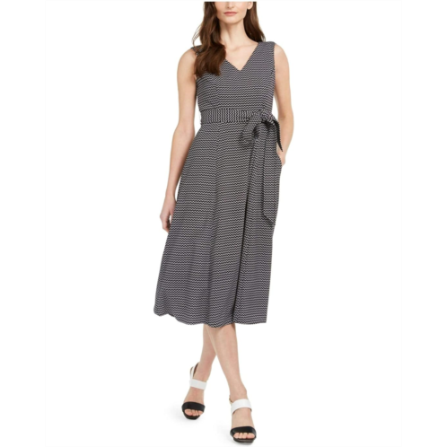 Womens Calvin Klein Sleeveless V Neck Midi Dress with Self Sash Waist