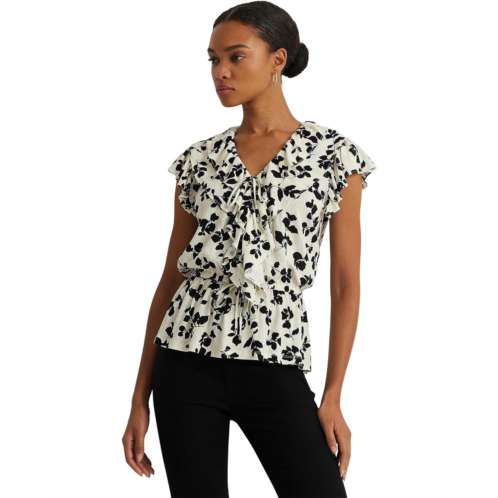 POLO RALPH LAUREN Womens Lauren Ralph Lauren Leaf-Print Ruffle-Trim Jersey Peplum Top