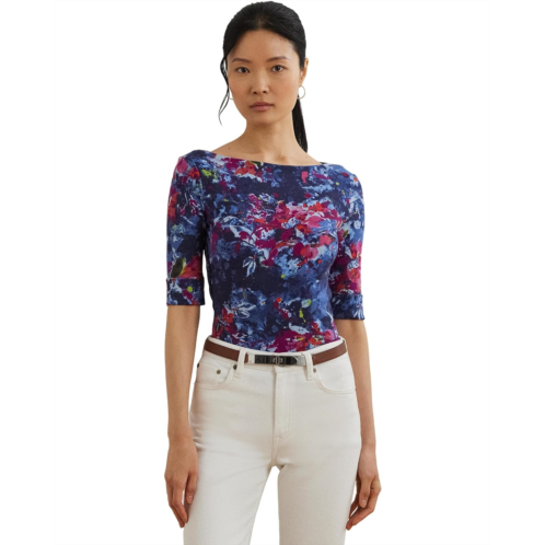 POLO RALPH LAUREN Womens Lauren Ralph Lauren Petite Print Stretch Cotton Boatneck Tee