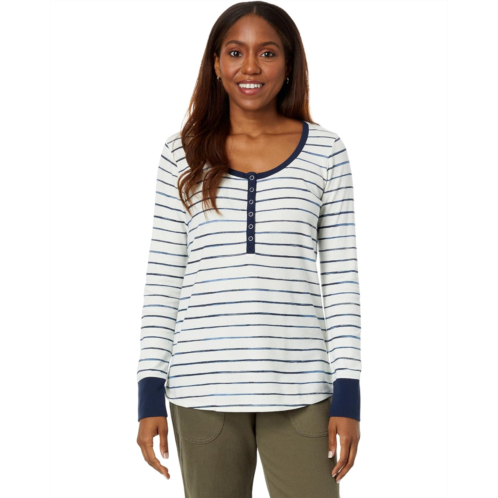 L.L.Bean Womens LLBean Unshrinkable Mini Waffle Henley Long Sleeve Stripe