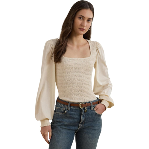POLO RALPH LAUREN Womens Lauren Ralph Lauren Smocked Jersey Blouson Sleeve Top