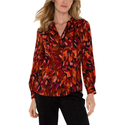 Womens Liverpool Los Angeles Long Sleeve Btn Front Banded Collar Woven Shirt Stretch Shirting