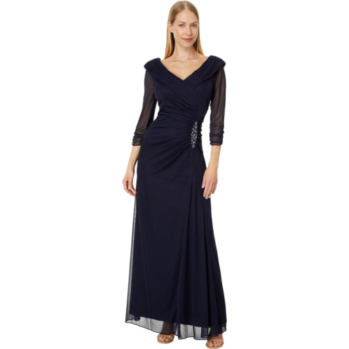 Alex Evenings Long Mesh Dress with Portrait Collar and Embellished Hip Detail