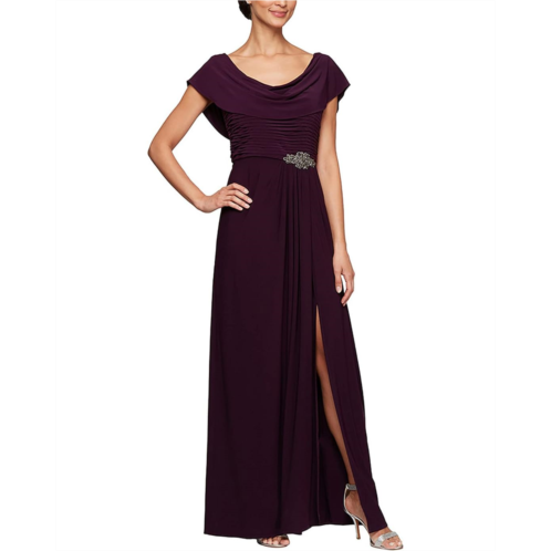 Womens Alex Evenings Long Cowl Neck A-Line Dress with Beaded Detail at Waist