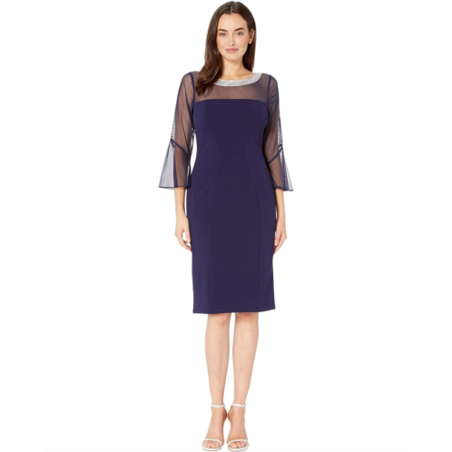 Womens Alex Evenings Short Shift Dress with Beaded Illusion Neckline and Bell Sleeves