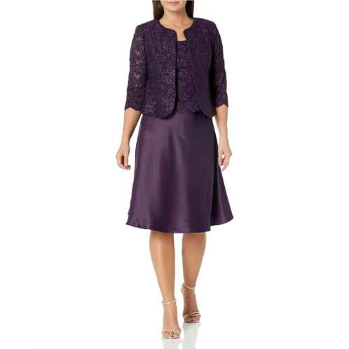 Alex Evenings Tea Length Jacket Dress with Lace Open Jacket and Tank with Satin Skirt