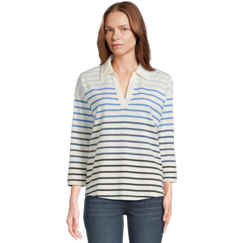 L.L.Bean Womens LLBean Heritage Mariner Top Split-Neck Polo Three-Quarter-Sleeve Stripe