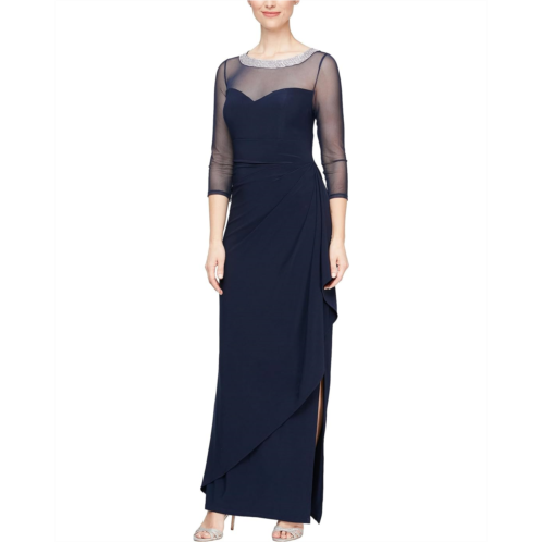 Womens Alex Evenings Long Illusion 3/4 Sleeve Side Ruched Dress w/ Embellished Neckline