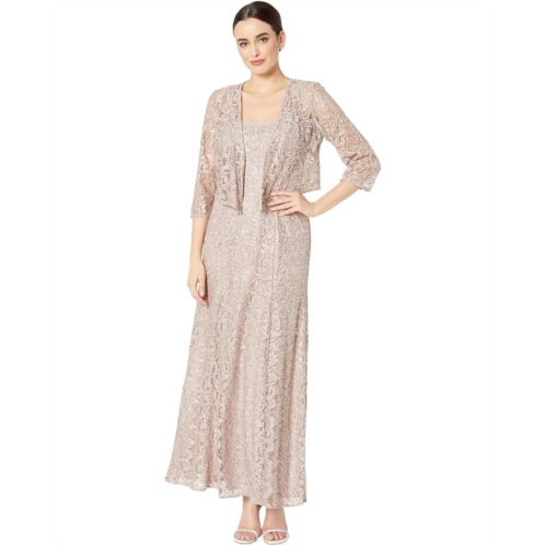 Alex Evenings Long Sequin Lace A-Line Jacket Dress with Illusion Cascade Jacket