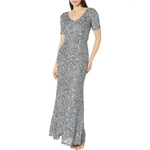 Alex Evenings Long V-Neck Dress with Short Sleeve