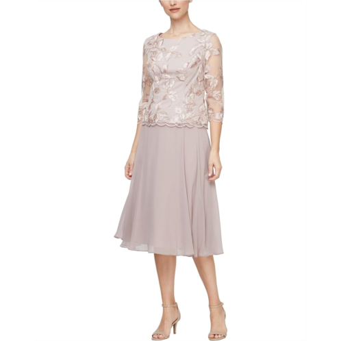 Womens Alex Evenings Tea Length Mock Embroidered Dress