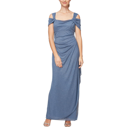 Womens Alex Evenings Long Glitter Mesh Cold Shoulder Dress
