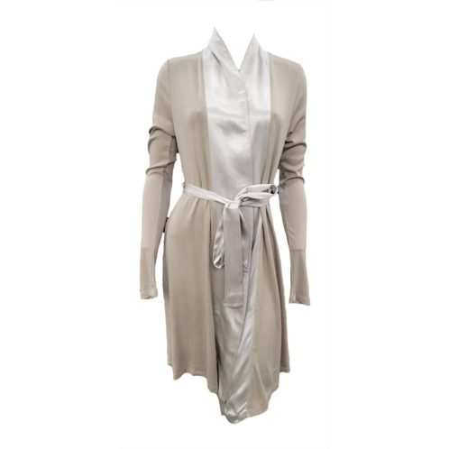 PJ Harlow elijah rib knit longsleeve robe with satin trim and belt in clay