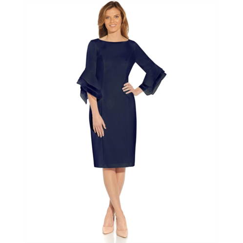 Adrianna Papell Stretch Knit Crepe Sheath Dress with Tiered Organza Bell Sleeve