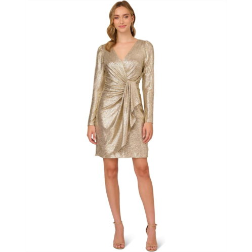 Womens Adrianna Papell Metallic Foil Knit Draped Cocktail Dress