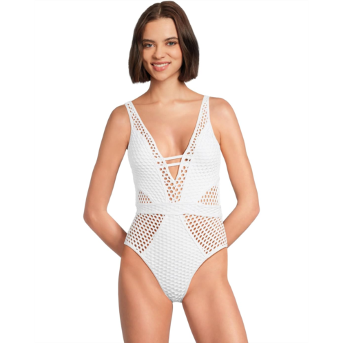 Womens BECCA Castaway Fishnet Texture Plunge One Piece