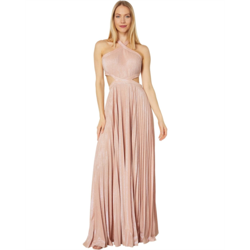 Womens BCBGMAXAZRIA Pleated Metallic Cross Neck Evening Gown