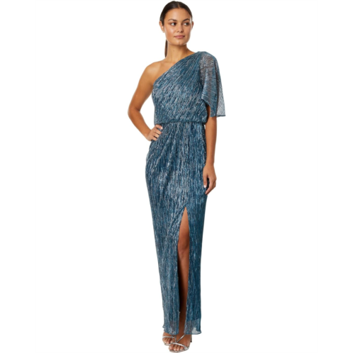 Adrianna Papell Crinkle Metallic Mesh One Shoulder Column Gown