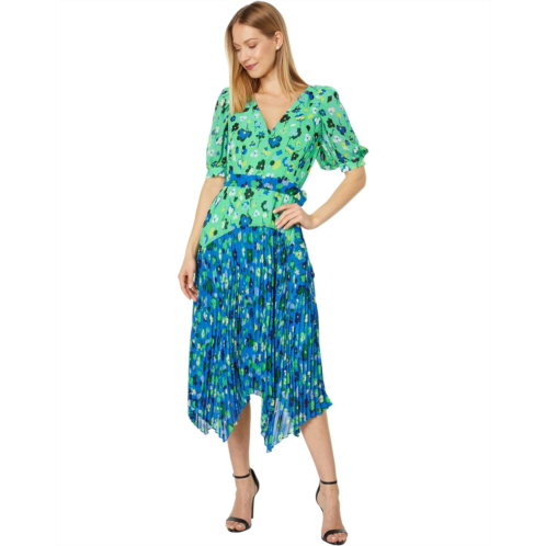 Maggy London Short Puff Sleeve with Belt At Waist and Pleated High-Low Skirt