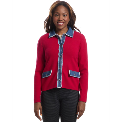 Elliott Lauren Stitch Perfect - Button Closure - Sweater Jacket with Denim Trim detail