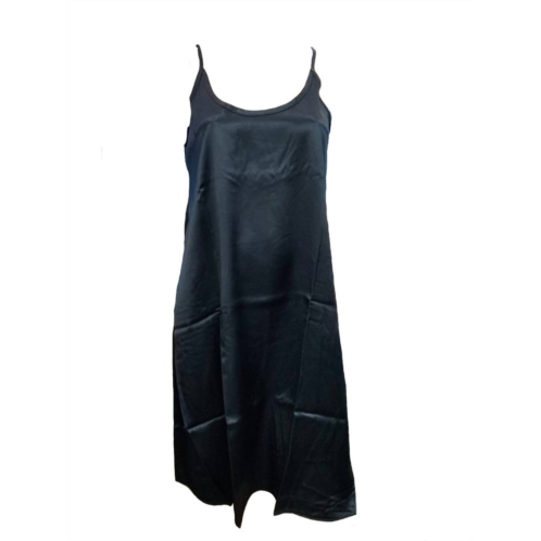 PJ Harlow ruby satin knee length gown with spaghetti straps & gathered back in black