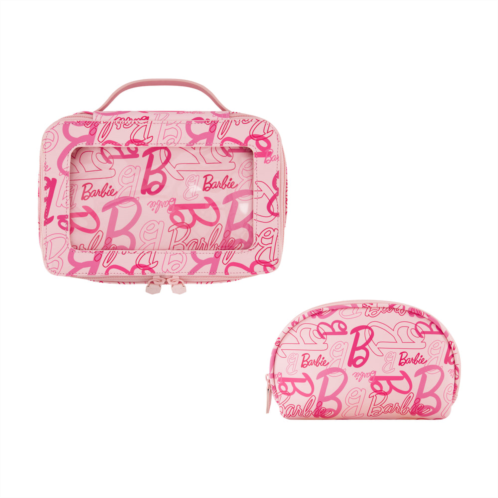 Mattel barbie 2-piece travel cosmetic case set pink all-over logo design with dual zipper pulls