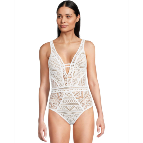 Womens BECCA Color Play Crochet Plunge One Piece