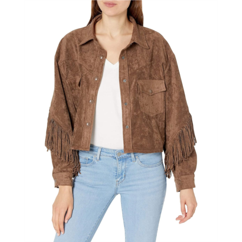 Womens Blank NYC Faux Suede Fringe Shirt Jacket in Hot Cocoa